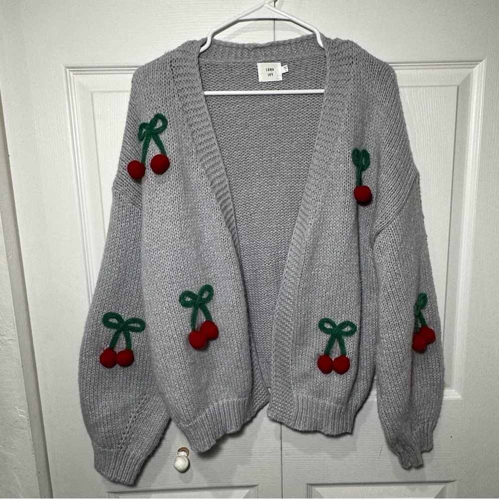 Luna Ivy Cherry Cardigan 3D Felted Fruit Size L Light Blue Soft Whimsical